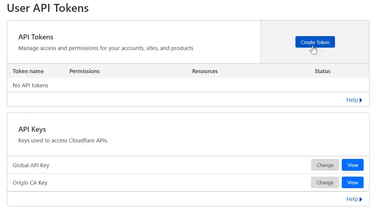 A screenshot of the Cloudflare User API Tokens page showing an option to create a new token and sections for API Tokens and API Keys, with 'No API tokens' listed and buttons to view or change the Global API Key and Origin CA Key.