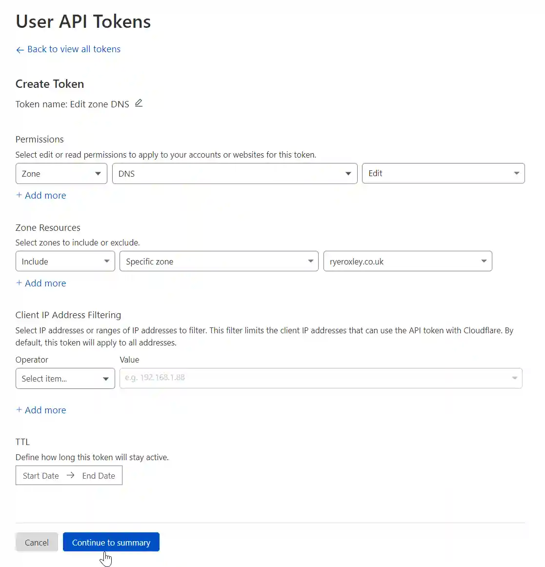 A configuration page for creating a new Cloudflare API token named 'Edit zone DNS' with specific permissions and zone resources targeted to the domain 'ryeroxley.co.uk'.