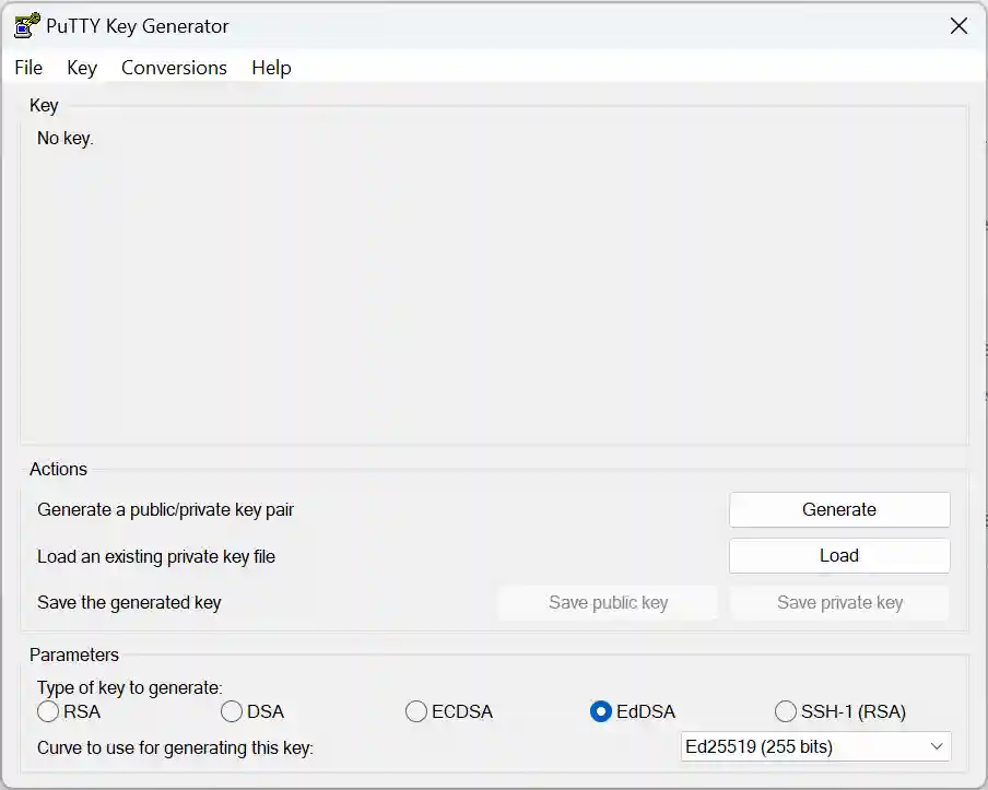 A PuTTY Key Generator window is open with options to generate a new key pair, load an existing private key, or save keys. The selected key type is EdDSA (Ed25519, 255 bits).