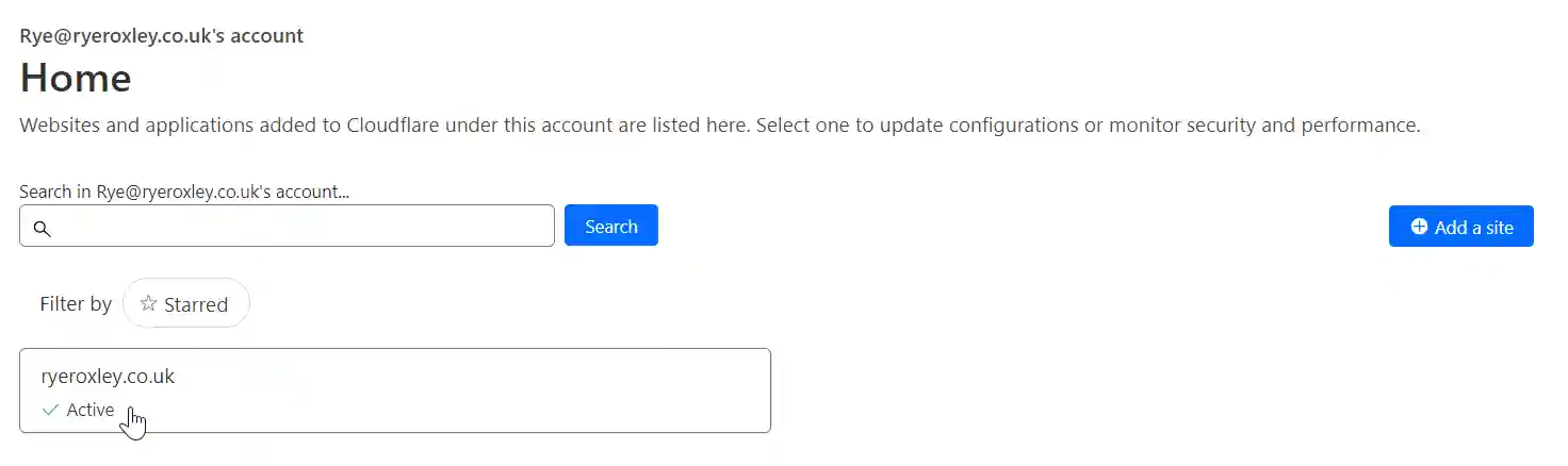 Cloudflare account home page displaying a single active domain, 'ryeroxley.co.uk', with options to filter, search, and add more sites.