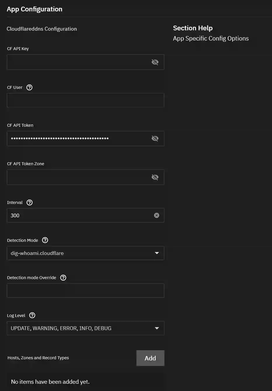 GPT Alt Text: An interface for configuring the Cloudflared DNS app with fields for entering API key, user, token, and other settings, awaiting input.