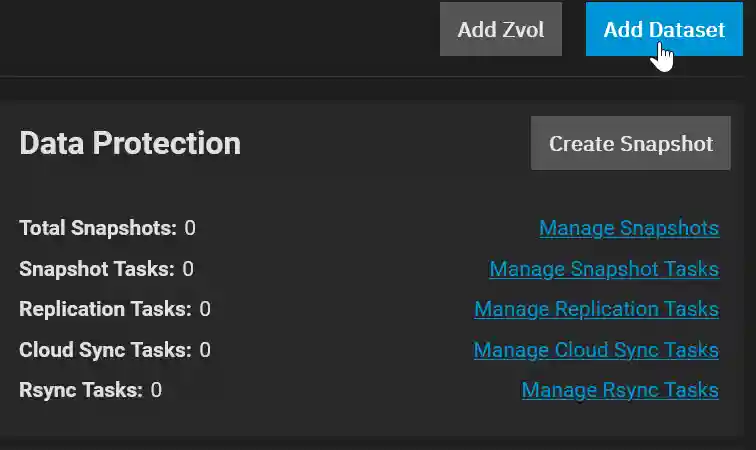 Screenshot of the 'Data Protection' section within a data management system interface, displaying options for snapshot and task management.
