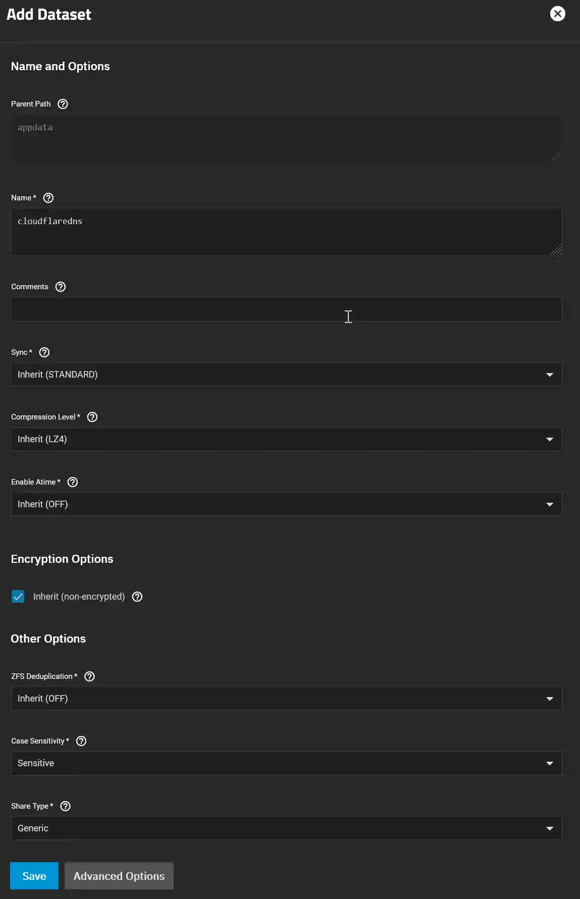 Screenshot of an 'Add Dataset' form in a data storage system interface, detailing options for dataset creation with fields like Name, Sync, and Compression Level.