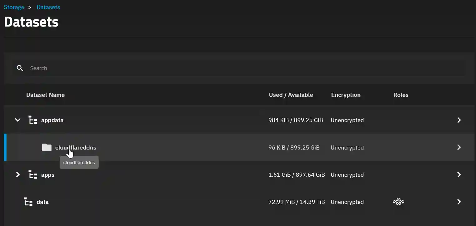 Screenshot of a storage system's dataset directory, showing various datasets including a newly added 'cloudflaredns' dataset under the 'appdata' parent dataset, all unencrypted.