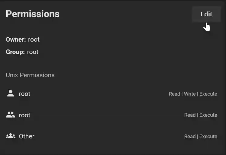 Screenshot of a file system permissions panel showing 'root' as the owner and group, with Unix permissions set for 'root' to read, write, and execute, while others only have read and execute permissions.