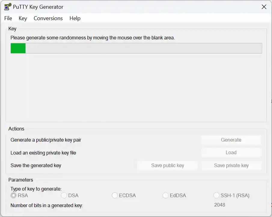 A PuTTY Key Generator window with a progress bar indicating the need for randomness, suggesting the user should move the mouse to generate entropy necessary for key generation.