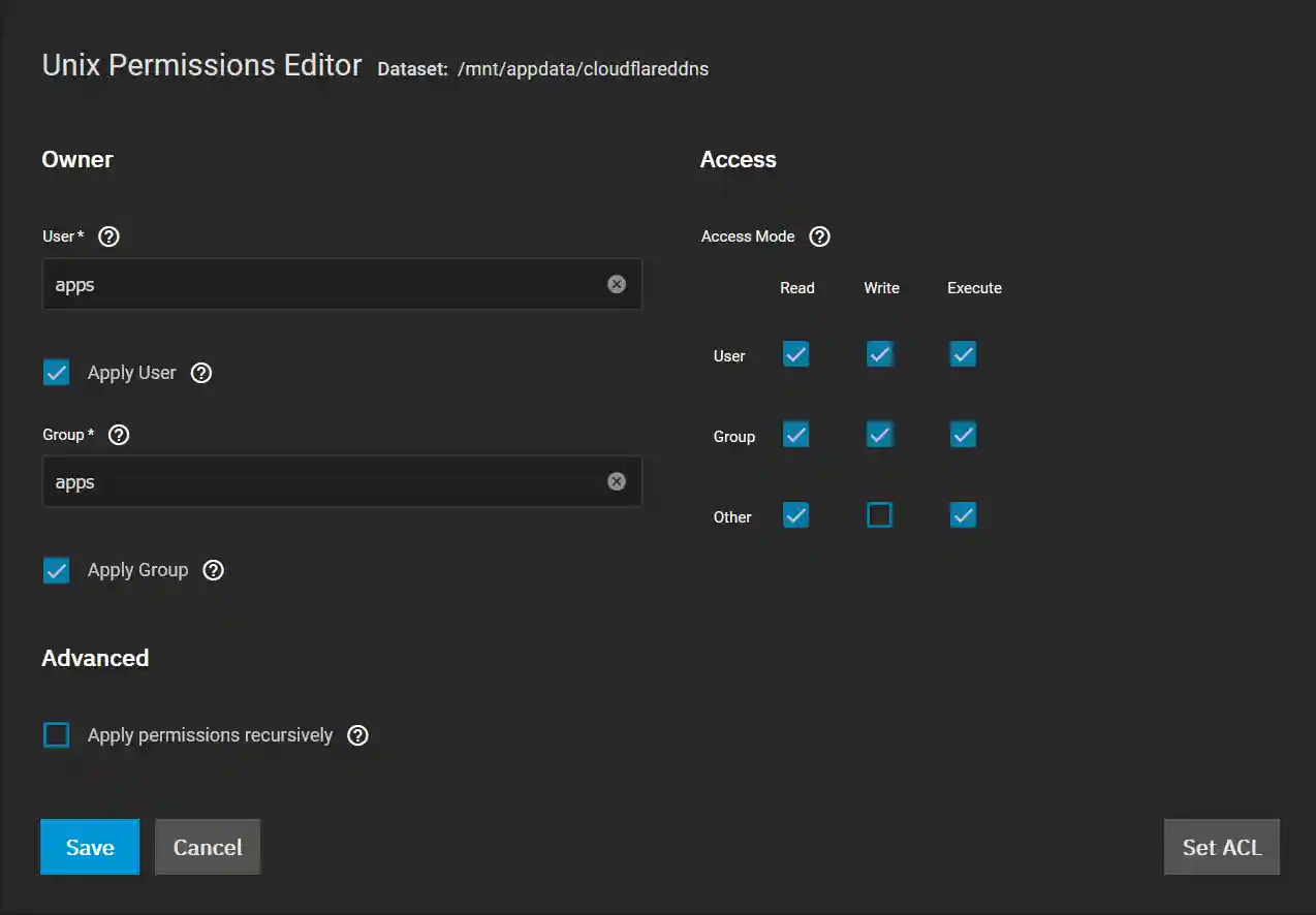Screenshot of a Unix Permissions Editor interface with fields for 'User' and 'Group' both set to 'apps', and checkmarks for read, write, and execute access for both. There's also an 'Other' category with read and execute permissions checked. The dataset path '/mnt/appdata/cloudfareddns' is indicated at the top.