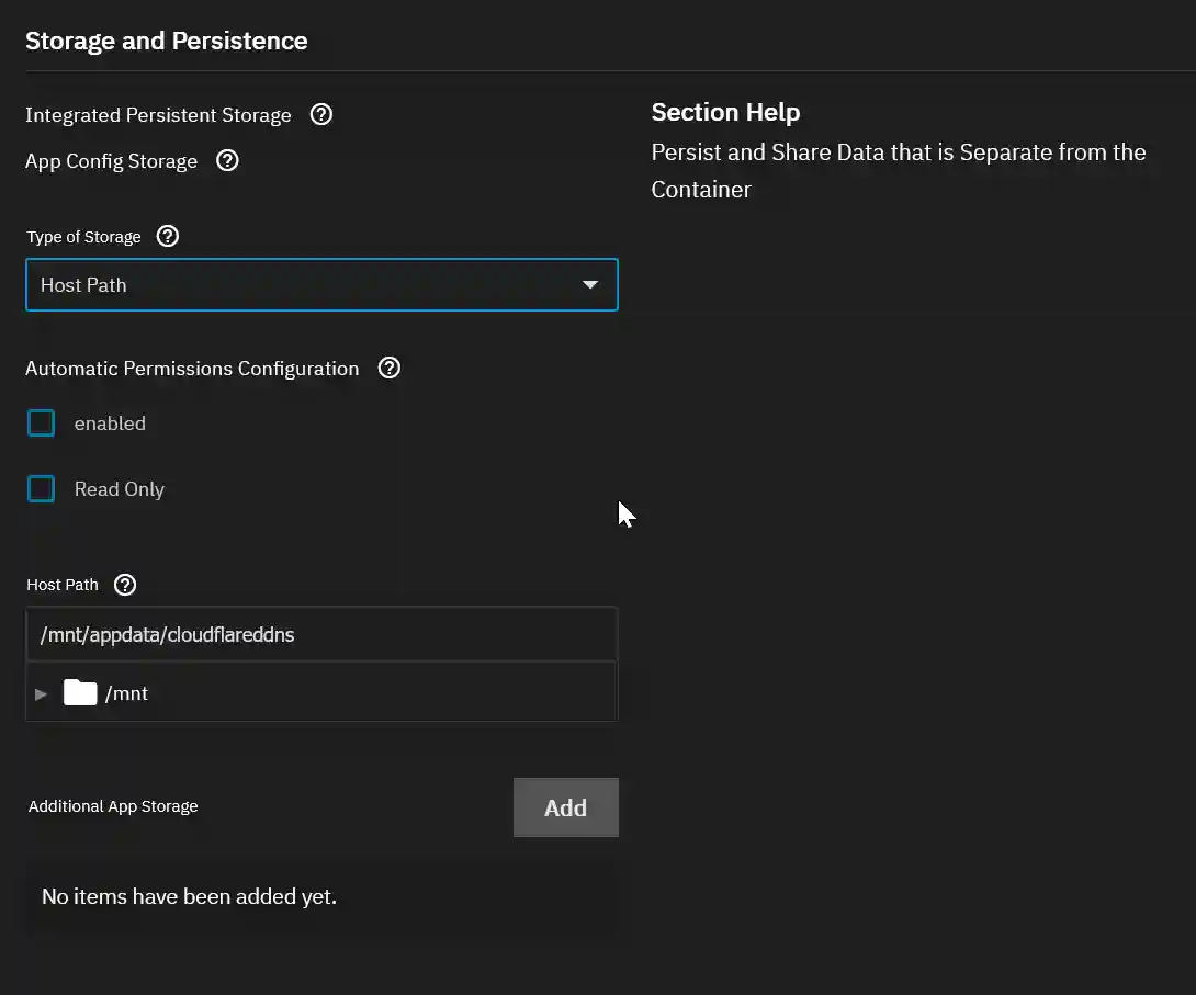 A configuration panel titled 'Storage and Persistence' featuring options for 'Integrated Persistent Storage' and 'App Config Storage', with dropdowns and toggles for permissions