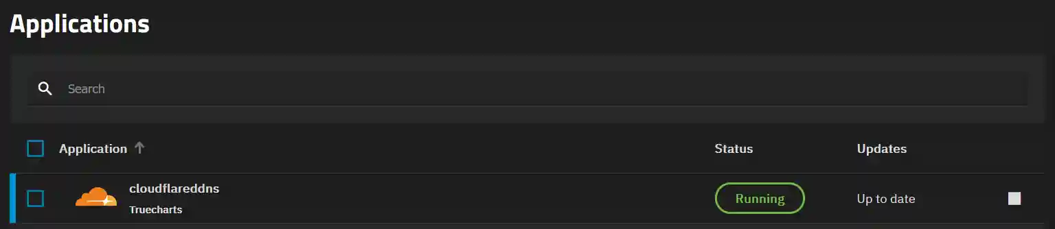 Software dashboard showing the application 'cloudflarededdns' from Truecharts as 'Running' with a green status indicator and marked as 'Up to date' in a sleek, dark-themed interface.