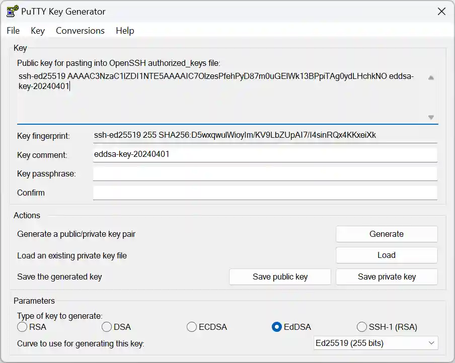 The PuTTY Key Generator application window displaying a generated public key for SSH, a key fingerprint, and fields for key comment and passphrase.