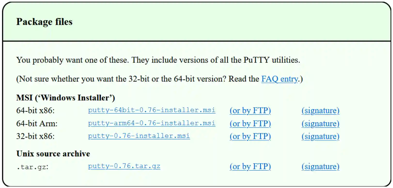 Web page listing download links for PuTTY installation packages, including 64-bit x86, 64-bit Arm, 32-bit x86 versions, and a Unix source archive.