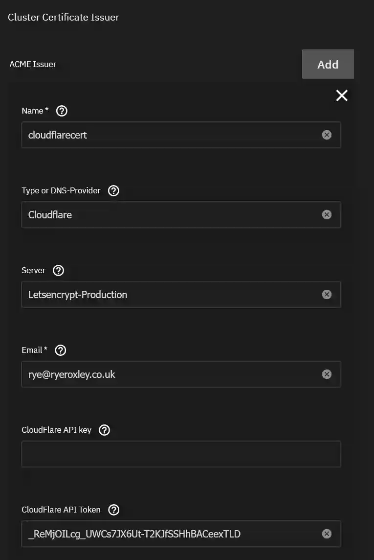 A digital interface for configuring a cluster certificate issuer with fields labeled Name, Type or DNS-Provider, Server, Email, CloudFlare API Key, and CloudFlare API Token, filled with specific data.