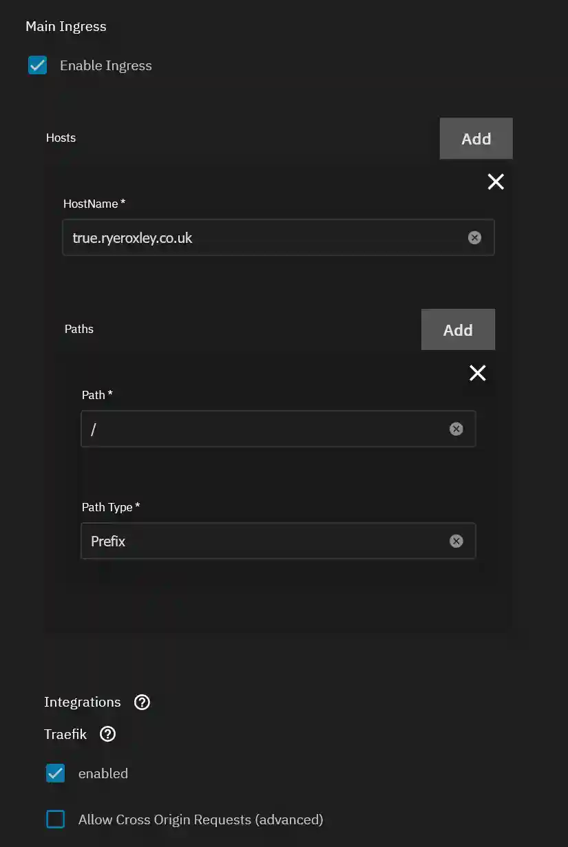 A screenshot of a software interface for configuring network ingress settings. The interface shows an "Enable Ingress" toggle switched on, fields for entering host name and path with the host name 'true.ryeroxley.co.uk' and path '/' set to 'Prefix' type. Additional sections for Traefik integration with enabled status and an option to allow cross-origin requests are also visible.