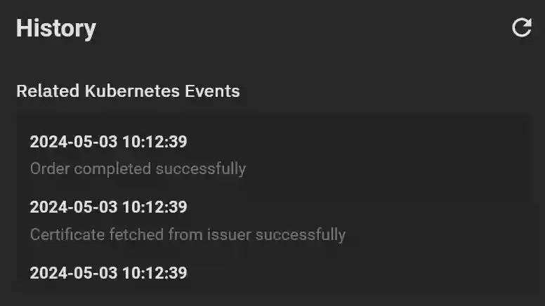 Screen capture of a user interface titled "History," displaying a list of Related Kubernetes Events with timestamps indicating events such as an order completion and a certificate retrieval, all dated 2024-05-03 at 10:12:39.