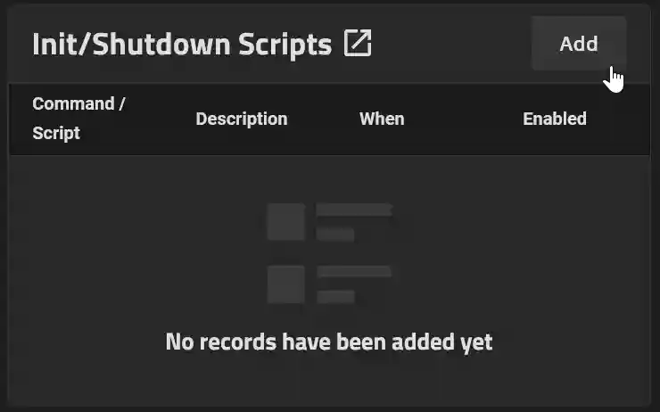 Interface for managing Init/Shutdown Scripts with no records added yet and a highlighted 'Add' button.