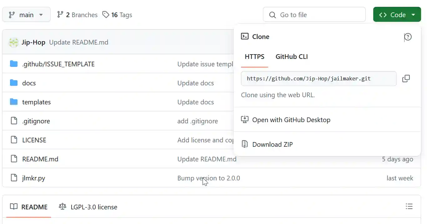 Screenshot of a GitHub repository named Jip-Hop, displaying the main branch with various files and folders.