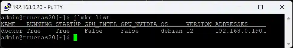 A terminal window showing the output of the "jlmkr list" command on a TrueNAS system, listing a jail named "docker" with various attributes.