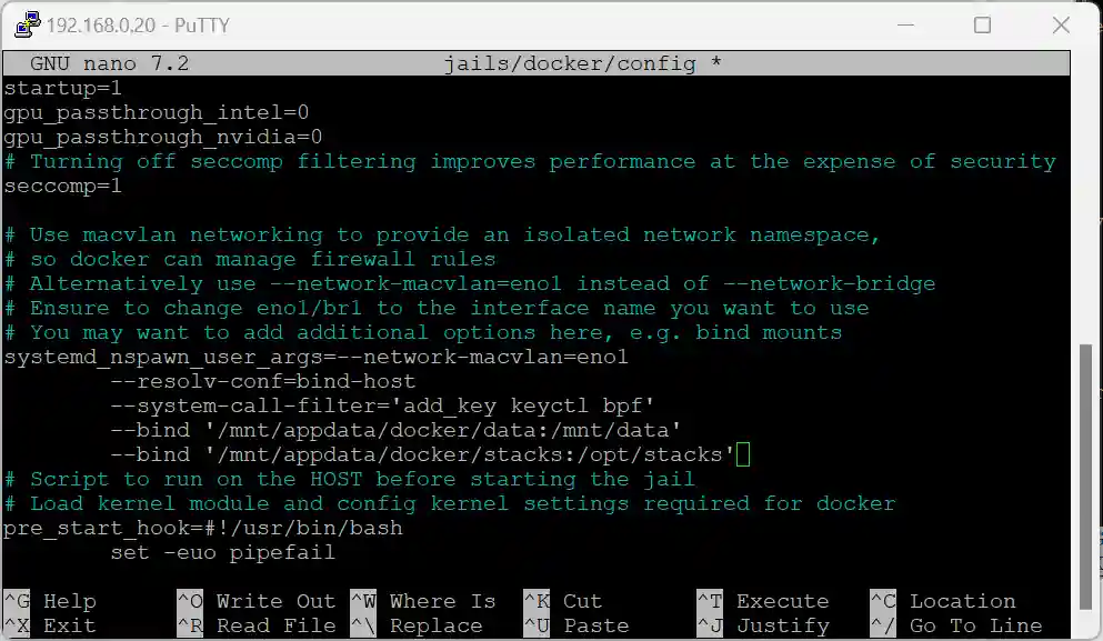 A terminal window displaying a GNU nano editor with a configuration file for Docker. The file includes settings for startup, GPU passthrough, security options, macvlan networking, and host script execution.