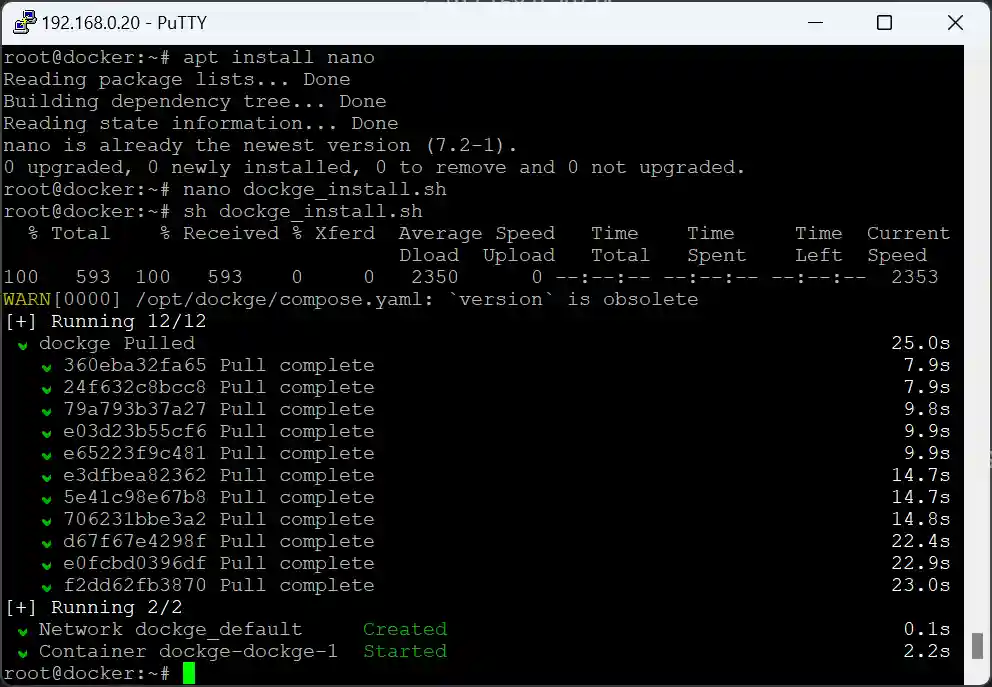 A terminal window displaying the process of installing and running Docker containers, with commands and progress information.