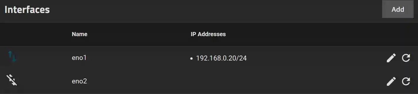 Network interfaces configuration screen showing two interfaces, eno1 and eno2, with IP addresses listed for eno1.