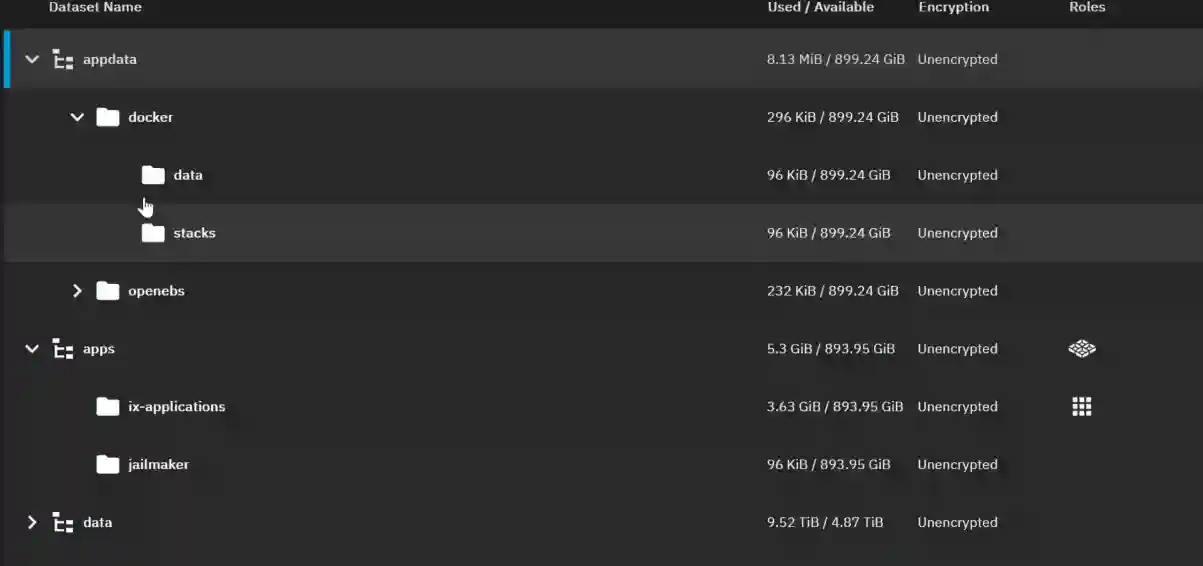 Screenshot of a file management interface showing various datasets with their storage usage and encryption status.