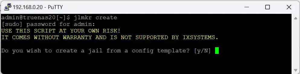 A terminal window showing a command prompt with the text "admin@truenas20[~]$ jlmkr create" followed by a request for the sudo password and a warning message in yellow.