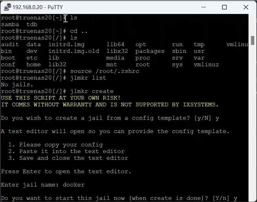 A terminal window displaying a series of commands executed on a TrueNAS system, including navigation through directories, sourcing a file, listing jails, and creating a new jail named "docker."
