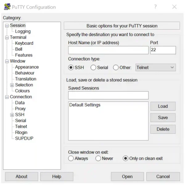 Configuration window of the PuTTY SSH client with options for session setup, including host name input, port number, connection type, and session management.