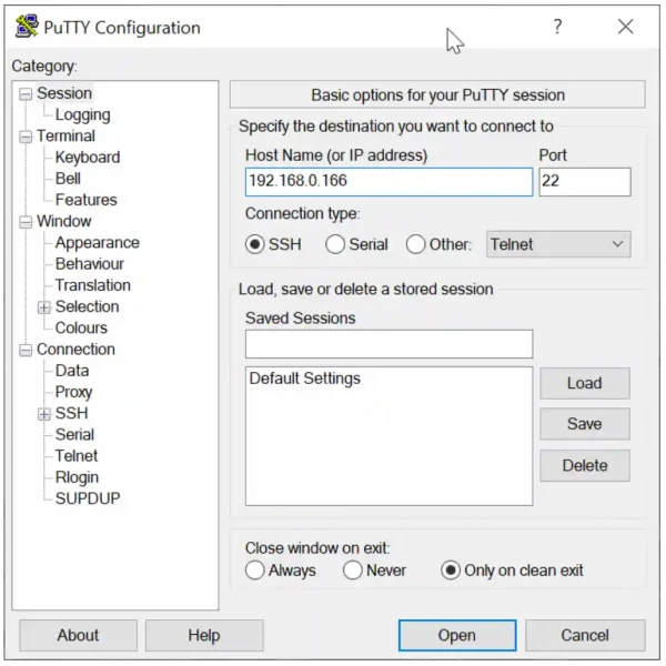 PuTTY configuration window ready to establish an SSH connection with a specified IP address and default port.